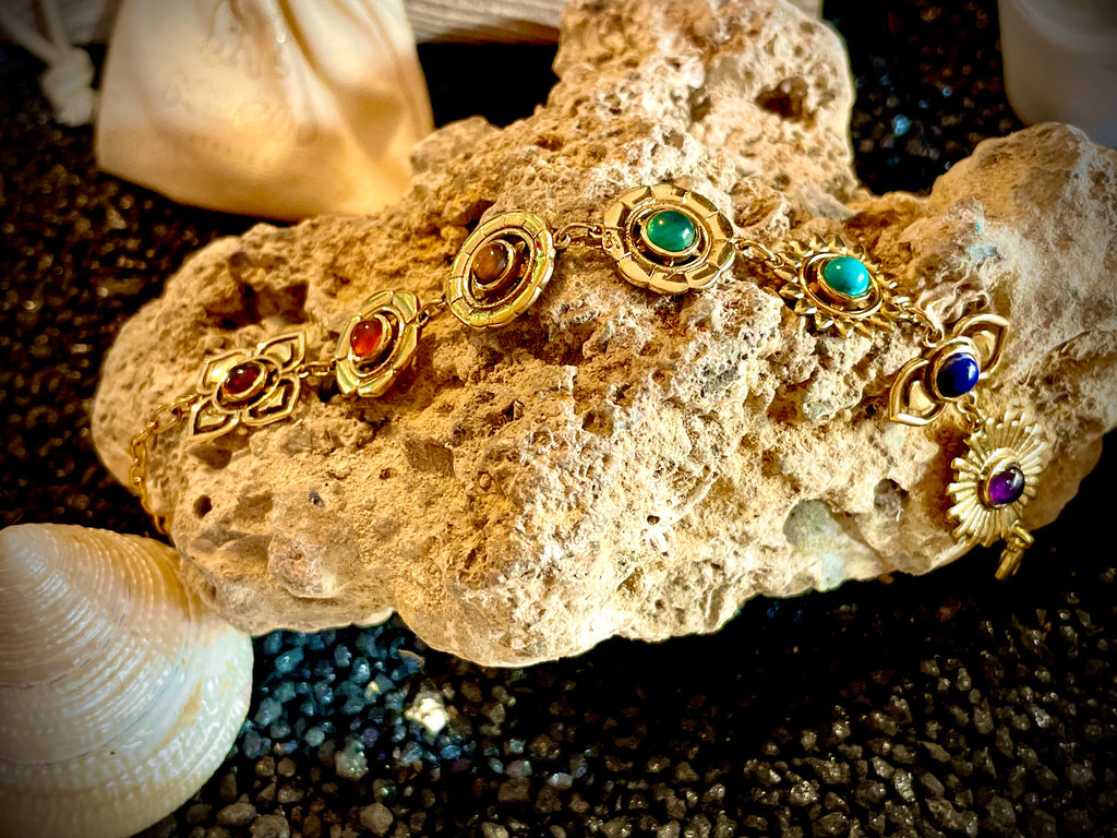 Bracelet en laiton, symboles et pierres des 7 Chakras
