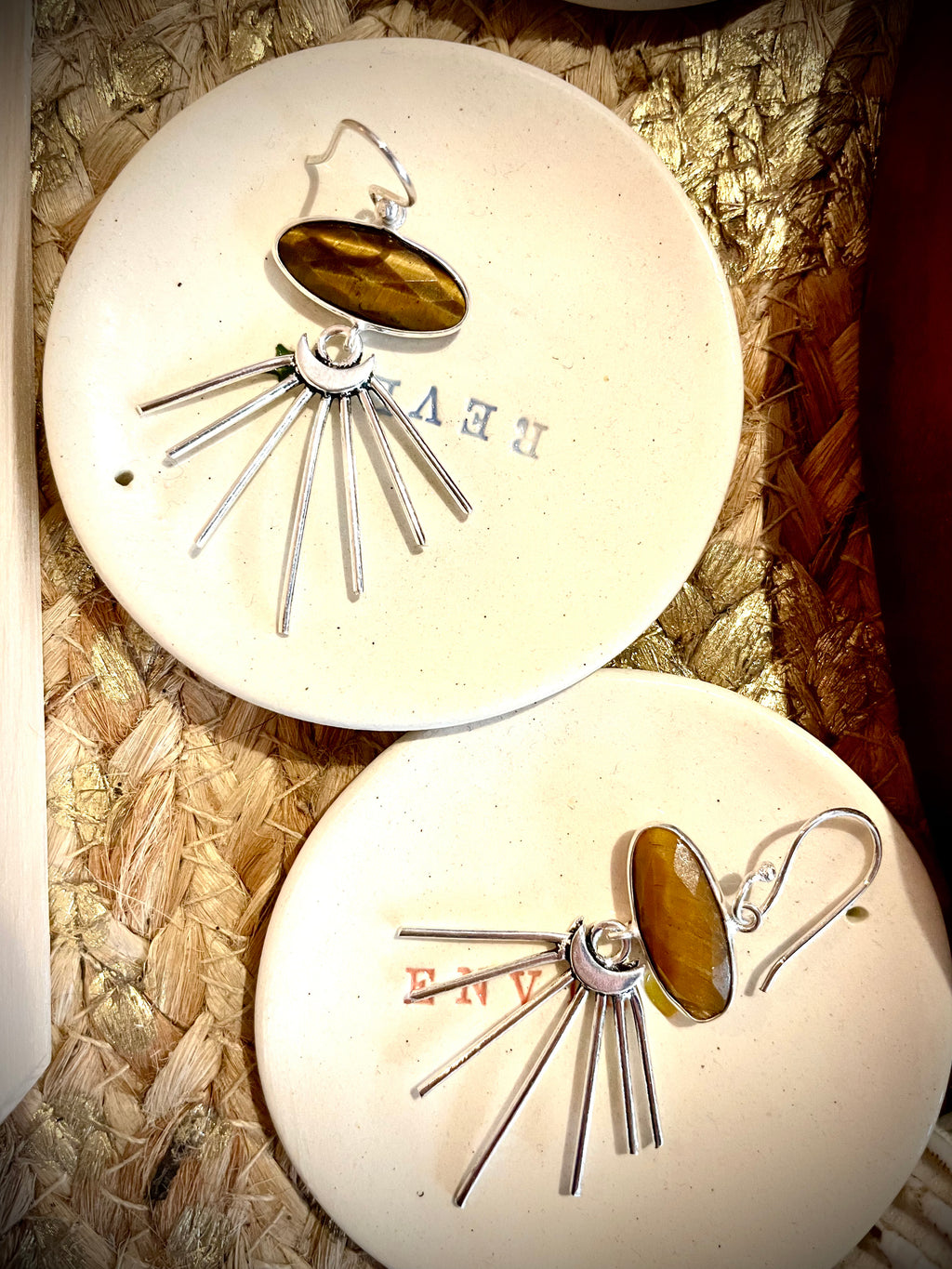 Boucles d'oreilles Oeil de tigre, Soleil et Lune