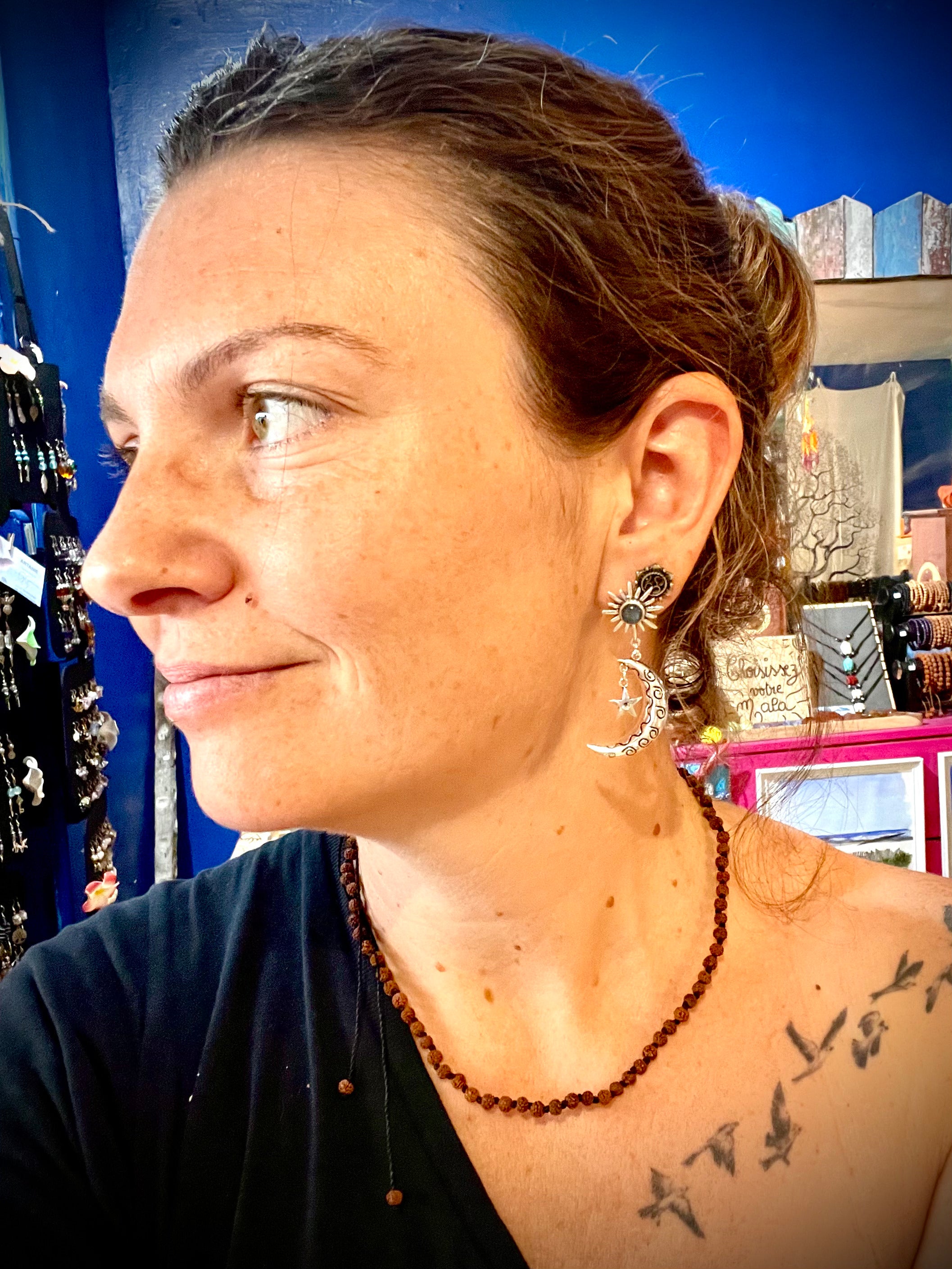 Boucles d'oreilles argent, Lune, Soleil et Labradorite