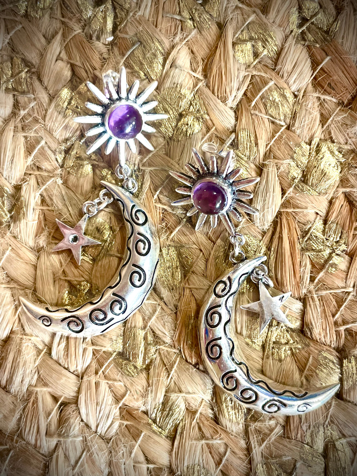 Boucles d'oreilles Argent, Lune, Soleil, étoile et Améthyste