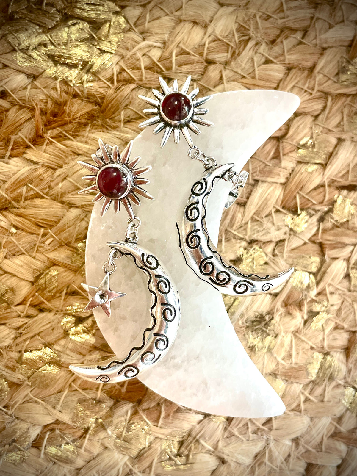 Boucles d'oreilles argent, Lune, Soleil, étoile et Grenat